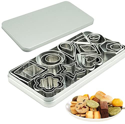 SZXMDKH Set di mini formine per biscotti, 30 piccoli stampi per tagliare pasta, crosta per torte e frutta, cuore rotondo, triangolo quadrato, gocce di pioggia ovali, taglierina geometrica mnmh030,