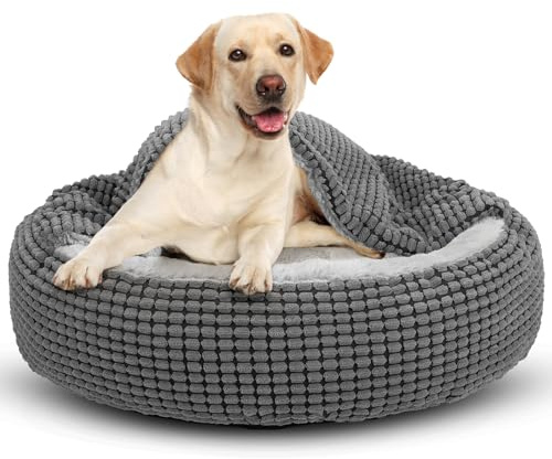 JOEJOY Hundebett Grosse Hunde, Katzenbett Rund mit Decke, Hundekorb Waschbar Flauschig, Hundebetten für Katzen und Mittlere Grosse Hunde, 79x79x20cm