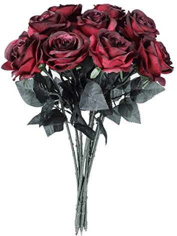 Gumolutin Künstliche Rosen aus Seide, Rosenstrauß, Vintage-Stil, mit langen Stielen, für Hochzeit, Party, Zuhause, Beerdigung, Rot-Schwarz, 10 Stück