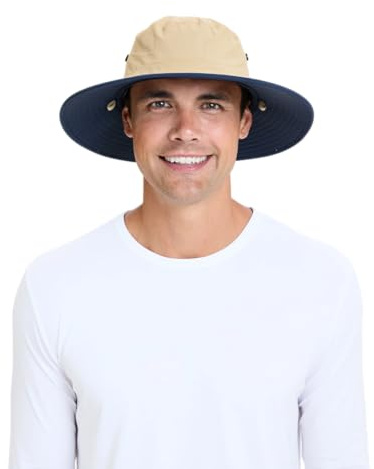 Solbari Unisex Traveller Broad Brim Sun Hat UPF 50+, Ultimate UV Protection, Lightweight & Breathable, Packable, Adjustable Fit with Chinstrap, Ventilation & Drawstring - Beige/Navy - Large-X-Large