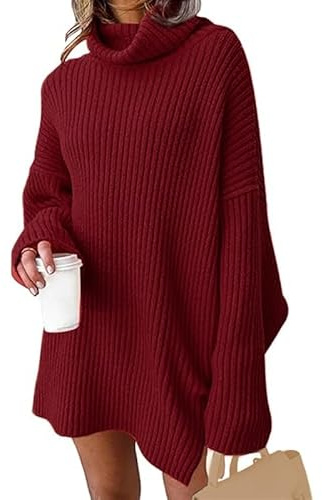 JFAN Vestido de Punto Mujer Invierno Vestidos Invierno Mujer Elegantes Mujer de Cuello Alto de Manga,Rojo,x-Large