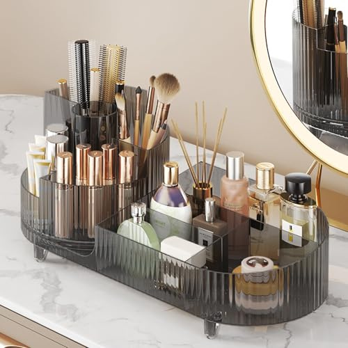 Organizador de maquillaje giratorio de 360° para tocador, vitrina de cosméticos de gran capacidad, soporte de almacenamiento de cosméticos con soportes para brochas de maquillaje (gris)