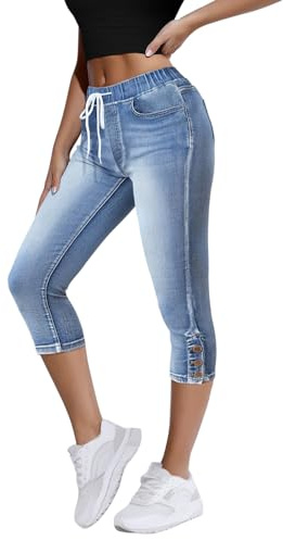 Onsoyours Pantacourt Femme Été Jean Capri Confort Stretch 3/4 Pantalon Taille Haute Décontracté Jeggings en Denim Pants Capri Pantacourt B Bleu L