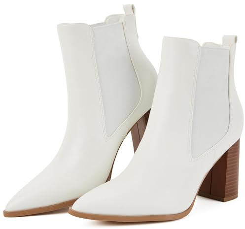 Putu Women's Pointed Toe Ankle Boots Chunky Heel Chelsea Boots Pull on Heeled Booties with Elastic Gore White Size 8.5