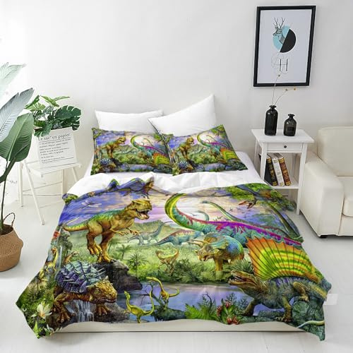 ANHOPE Juego de ropa de cama con diseño de dinosaurios de la selva, microfibra, funda nórdica con cremallera, 2 piezas, funda nórdica de 135 x 200 cm + funda de almohada de 80 x 80 cm, funda de