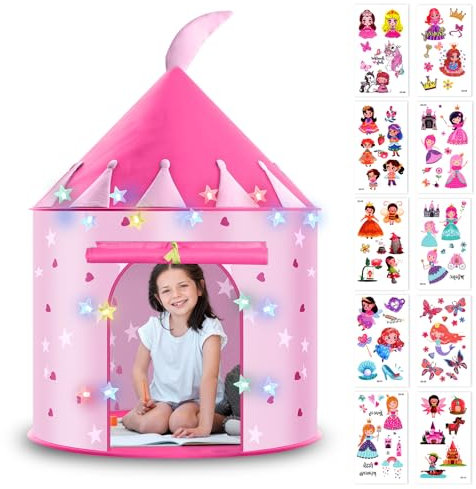 HOTUT Tienda para Niños, Tienda de Campaña Infantil con Leds Cadena, Tienda de Campaña de Princesa con 10 Pegatinas de Tatuajes, Carpa Infantil Plegable para Juegos de Interior y Exterior - Rosa