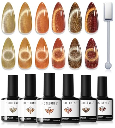 Modelones UV Nagellack, 6 Farben Cat Eye UV Gel Nagellack, Nude Orange Braun Nageldesign Sets Soak Off Gel Polish für Maniküre Nageldesign Herbst