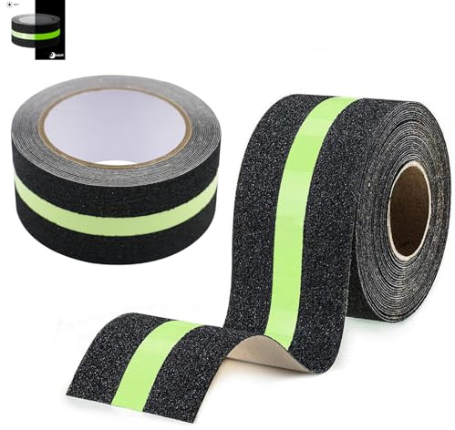 Pizsieat 2 Rotoli Strisce Antiscivolo, 5cm X 10M Nastro Antiscivolo Autoadesivo con Strisce Luminose che si Illuminano al Buio per Scale, Gradini, Pavimenti Scivolosi Interno e Esterno,Impermeabile
