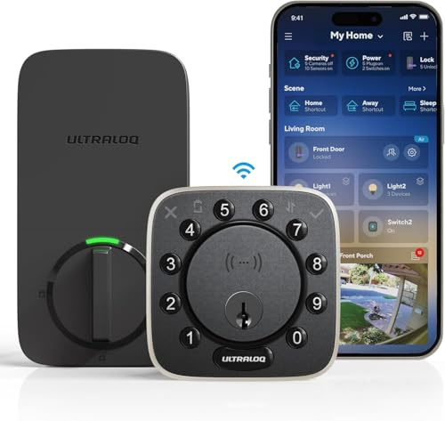 ULTRALOQ Cerradura de puerta inteligente NFC 2025, cerrojo WiFi integrado, teclado 6 en 1, cerradura de puerta de entrada sin llave y sensor de puerta, desbloqueo automático, impermeable IP65, fácil