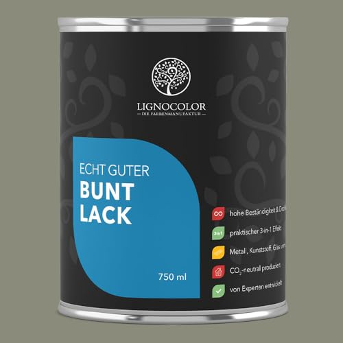 Lignocolor Buntlack glänzend (750 ml, Olive) | hochbeständiger Lack für Holz, Metall, Kunststoff & Kinderspielzeug