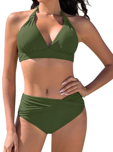 Nadeer Women's Bikini Set Two Piece Swimsuit Sexy Halter Neck Bathing Suit Mid-High Waisted Vintage Swimwear Army Green