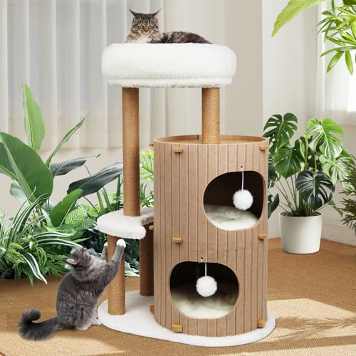 Luxus Kratzbaum mit 2-stöckiger Kratztonne | Katzenbaum mit Katzenschlafhaus, Sisalbrett,abnehmbarem Bett & Spielball | Stabiles Katzenmöbel für Mehrkatzenhaushalte | Kletterbaum Aktivitätsbaum