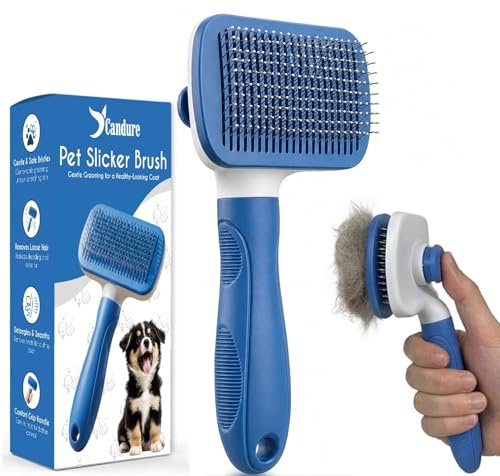 Candure Cat and Dog Brush for Grooming, Self Cleaning Slicker Brush, Deshedding Tool for Dogs and Cats, Cat Brush for Short Haired Cats, Pet Grooming Comb Removes Knots and Tangled Hair (Sky Blue)