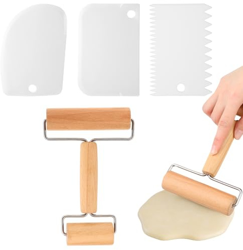Small Rolling Pin, Mini Wooden Double Dough Roller with 3 Pcs Dough Scraper Mini Rolling Pin, Non-Stick Pizza Roller, Baker Rollers Set for Home Kitchen Baking Cooking
