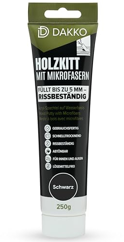 DAKKO Stucco per Legno Riempitivo 250 g, Nero - Stucco in Pasta con Microfibre di Bambù, Pronto all’Uso per Mobili, Porte, Fori e Crepe, Interni ed Esterni, Resistente alle Crepe