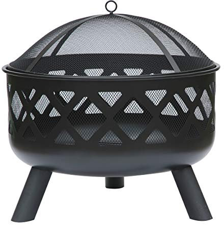 CHARLES BENTLEY Outdoor, Patio, Garden, Round Black Fire Pit, Lattice Design, Mesh Cover, Weather Resistant, Wood And Charcoal, Heatproof Paint, Safety Poker, Log Grate, Durable Steel Bowl (61x58cm)