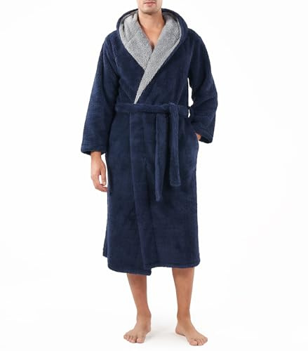 DAVID ARCHY Men's Soft Plush Fleece Robe Full Length Hooded Long Bathrobe for Men with Hood (M, Navy Blue- Shu Velveteen)