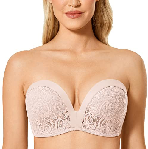DELIMIRA Damen Push Up Trägerloser BH Spitze Große Größen BHS mit Gemoldete Cups Rose rauchte 80D