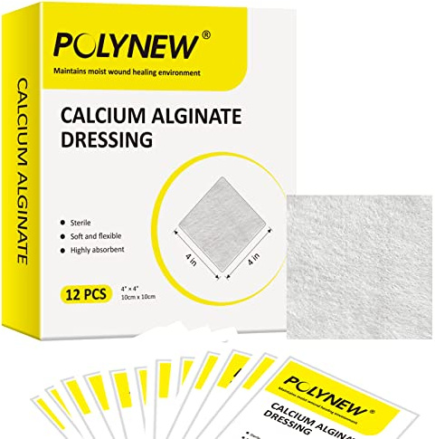 Polynew Calcium Alginate Wound Dressing, 4'' x 4''-12 Pcs/Box Soft and Highly Absorbent Pads, Home Health Care, Medical Supplies for Wound Care