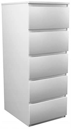 ADGO Malwa W5 Kommode mit 5 Schubladen 45x40x111cm, Schrank für Kleidung, Möbel für Wohnzimmer, Kleiderschrank, Klassischer Schrank mit Regalen (Weiß)(Versand in 2 Paketen)