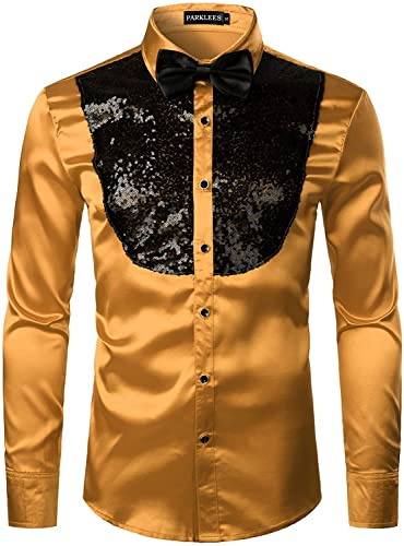 PARKLEES Camisas de vestir de satén brillante tipo seda de lujo para hombre de manga larga para fiesta, disco y graduación, XL