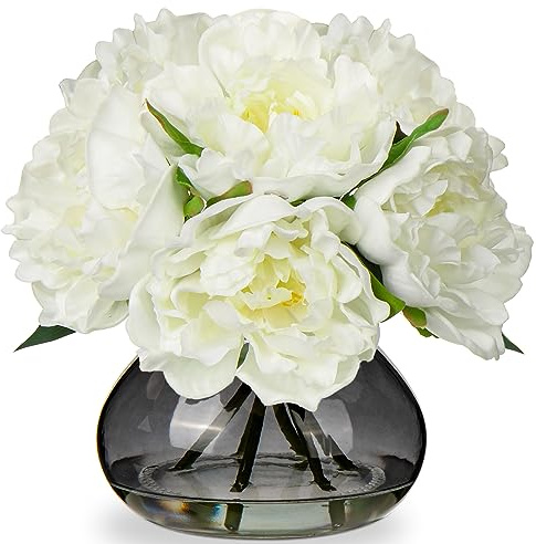 Oairse Artificial Peony Flowers in Vase Real Touch Fake Peonies Flower in Glass Vase with Faux Water White Faux Flower Arrangement for Home Decor Bathroom Living Room Wedding Centerpiece Decoration