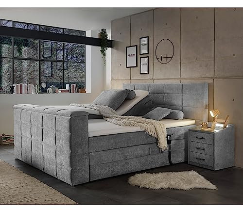 Lomadox Boxspringbett 180x200 cm elektrisch verstellbar mit 2 Nachttischen | Doppelbett mit Nachtschränken in dunkelgrau mit Härtegrad H2