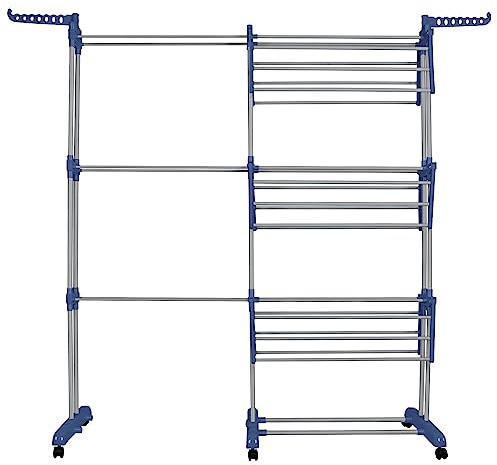 THINFAR Étendoir séchoir à Linge, Sechoir à Linge étendoir Pliable Ailes latérales sur 3 Niveaux pour Usage Intérieur/Extérieur (75-142.5 * 64 * 170cm, Bleu Gris)