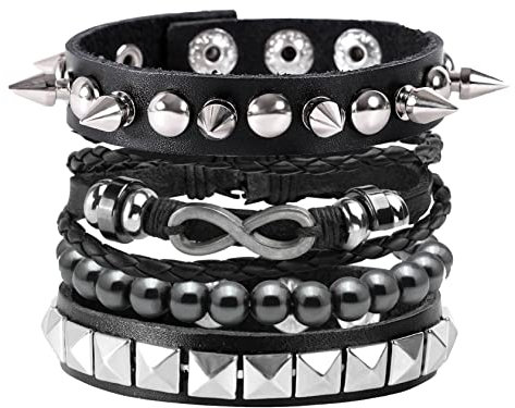 MILAKOO 4 Stk.gewebtes Lederarmband Holzperlenmanschette Herren Nieten Punk Wickelarmband Set，B11