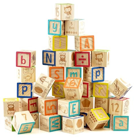 The Magic Toy Shop Wooden ABC Blocks & Number Block Set 40 Pcs - Early Learning Educational Toys, Alphabet Letters, Shapes, Animals, Storage Bag - Great for Toddler Stacking Games, 18 Months+