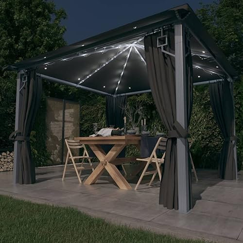 Gecheer Gazebo 3x3m con Tende e Luci LED, Pergola Antracite, Padiglione da Giardino con Zanzariera per Feste e Barbecue