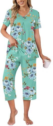 Anyally Women's Summer Pajama Set Plus Size Short Sleeve Shirt and Pajama Pants 2 Piece Sleepwear Pleated Ladies Pjs Sets with Pockets, XL Mint Green