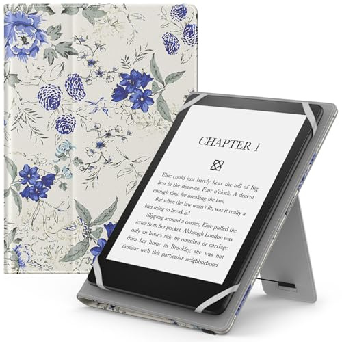 MoKo Universal Case for 6,6.8,7 Kindle eReaders Fire Tablet- Kobo/Voyaga/Lenovo/Sony Kindle E-Book Tablet, Lightweight PU Leather Folio Shell Cover Case, with Hand Strap/Kickstand, WhiteBlue Floral