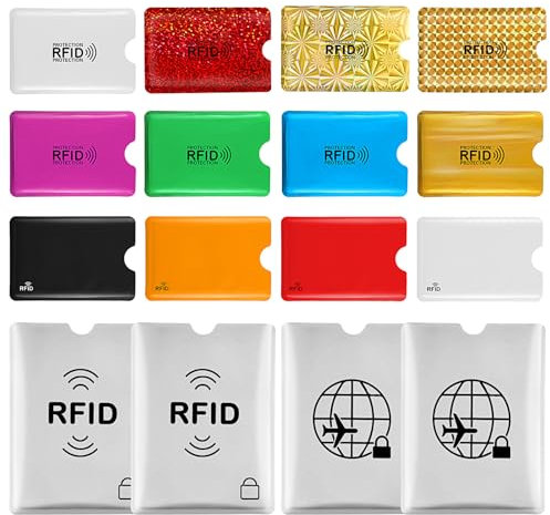 Prasacco 16 Stück RFID Schutzhüllen, RFID Blocker Kartenhülle 14 Stile Kreditkarten-Block Schutzhüllen Aluminiumfolie Sichere Passhüllen NFC Blocker für Kreditkarte Personalausweis EC-Karte Bankkarte