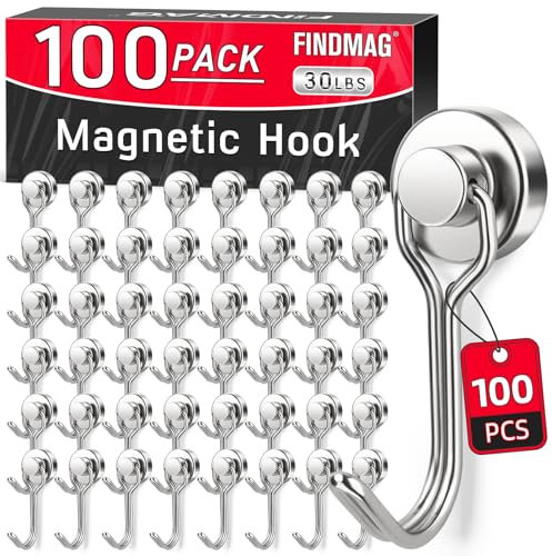 FINDMAG 100 Pack Magnetic Hooks, 30lbs+ Magnetic Hooks for Cruise Cabins, Heavy Duty Strong Neodymium Swivel Swing Hooks for Refrigerator, Grill, Home Supplies, Kitchen Organization - Silver
