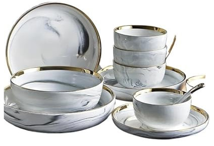 Services De Vaisselle Ensemble d'assiettes et de bols en céramique de marbre Ensembles de vaisselle Salade de Noël Dessert Assiettes blanches en porcelaine Plats de cuisine Plateau rond(7.5 inch platt