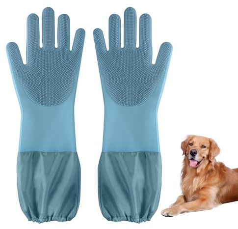 Senquoyn Dog Washing Gloves | Pet Grooming Gloves | Extra Long Arms (17.3) for Cats & Dogs | Massage & Hair Removal Pet Glove (Hazy Blue)