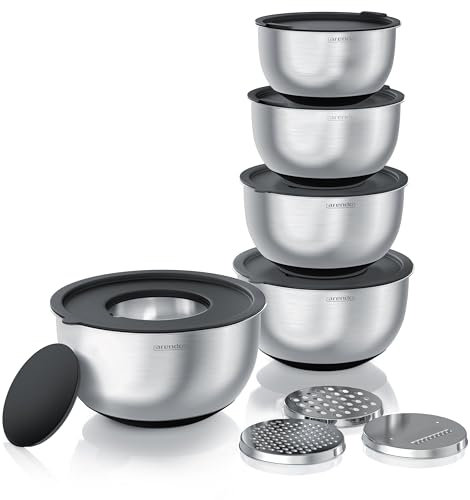 Arendo - Salatschüsseln Edelstahlschüssel Set 5-teilig - mit sicher abschließenden Deckeln – 3 Reibaufsätze - Rührschüsseln in 1,6 bis 5 Liter – Silikonboden - spülmaschinengeeignet – BPA-frei
