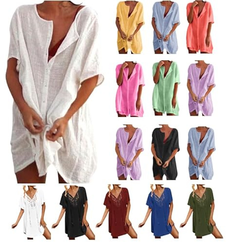 Robe de Plage Femme Été, Tunique de Plage Élégante Chemise de Plage en Coton en Lin, Couvre Maillot de Bain Robe Couvrir Bikini Cover Up Bohème Beachwear (M)