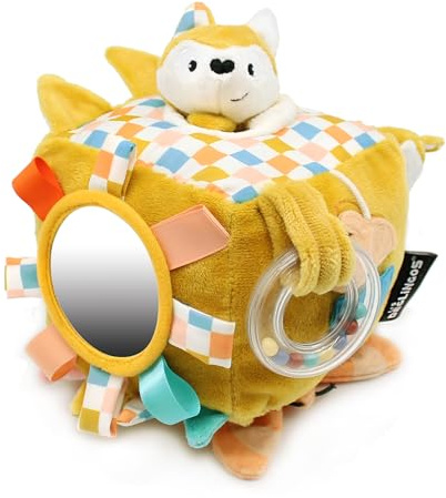 Les DEGLINGOS - Cube d'activités en Tissu Cyranos Le Renard - Jouet d'éveil sonore et Tactile pour bébé - Jouet de développement - Cadeau de Naissance - 12cm - Moutarde Moutarde