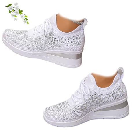 Chaussures de sport pour femme avec strass scintillants, à la mode, respirantes, talon compensé, baskets à plateforme scintillantes, chaussures à enfiler confortables en maille avec cristaux, Blanc