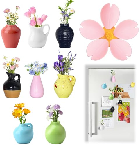 9pcs Mini Ceramic Vase Fridge Magnets with Magnetic Closure Clip, 3D ins Style Cute Magnets, DIY Ceramic Vase Magnets Fridge, Suitable for Refrigerator Accessory, Kitchen, Office (No Flower)