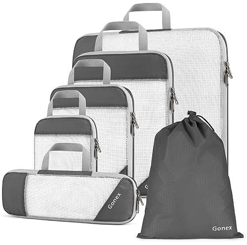Compression Packing Cube 6-teilig, Gonex robust & langlebig Verpackungswürfel, Packtaschen, Kleidertasche, Koffer, Organizer, Aufbewahrungstasche, Grau