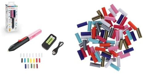 Pistolet à colle chaude sans-fil Bosch - Gluey (Livré avec 20 x mini-sticks de colle, 2 x batteries rechargeables et 1 chargeur USB) + Bâtons de colle scintillants - 70 pièces