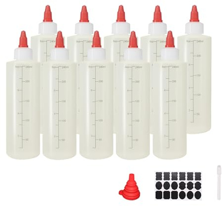 Belinlen 10 Pack Plastic Squeeze Sauce Bottle, 8oz(250ml) Squeezy Bottles with Nozzles, Condiment Bottles for Soy, Sauce, Ketchup, Paint, Oil, Icing Dispenser (Graduated)