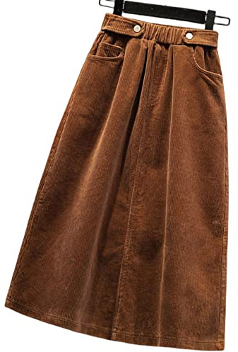 BUJNIE Jupe midi grande taille pour femme, en velours côtelé, A-ligne, jupe longue pour femme, automne hiver, taille haute, auburn, 3XL