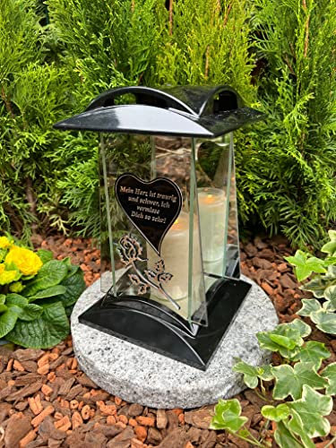 Lanterna con motivo e scritta – Il mio cuore è triste e pesante, ich vermisse Dich so sehr – Candela funeraria 27 cm H. Decorazione per tomba, modello senza base.