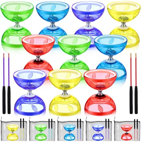 Hungdao 5 Set Chinese Diabolo Set Triple Bearing Chinese Yoyo 5” Multi Colors Diabolo Big Yoyo with Fiberglass Sticks, Mesh Drawstring Bags and Strings (Transparent)