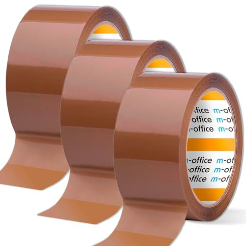 m-office Cinta Adhesiva, Cinta Adhesiva Marrón de Embalar, Rollo de Cinta para Embalaje de Cajas, Envíos, Mudanzas y Manualidades, Precinto Seguro y Resistente, Cinta Adhesiva (3 unds, 36mmx120m)