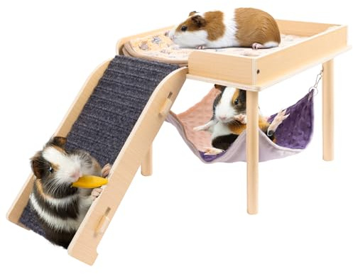 BESNEW Enlarged Guinea Pig Hammock with Platform and Stairs,Wooden Small Animal Hideout for Guinea Pigs Bunny Ferret Hamster Hiding Sleeping Activities(Single)
